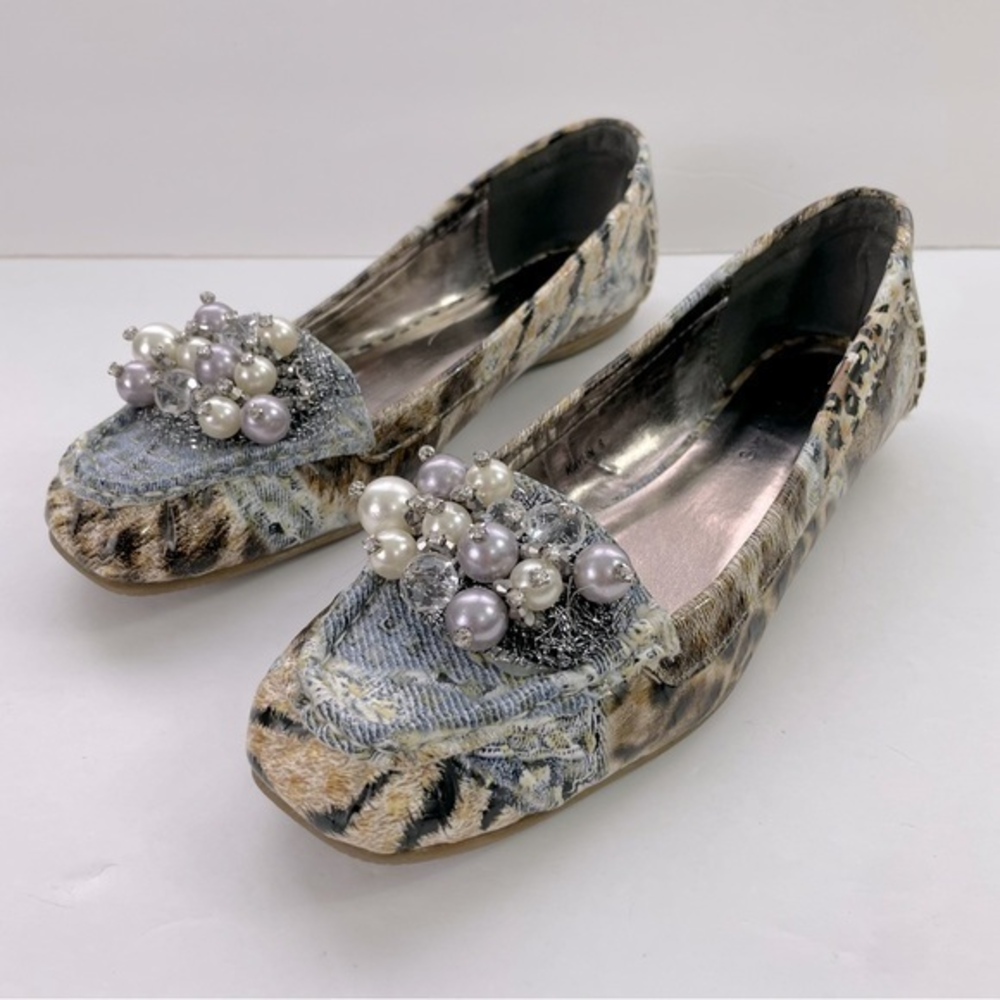 Denim Animal Print Pearl Bling Loafers‎